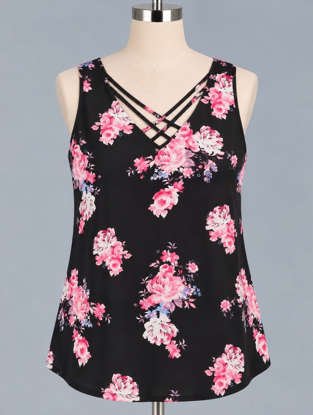 Ricki's | Black Pink Floral Criss Cross Neck Line Tank Top